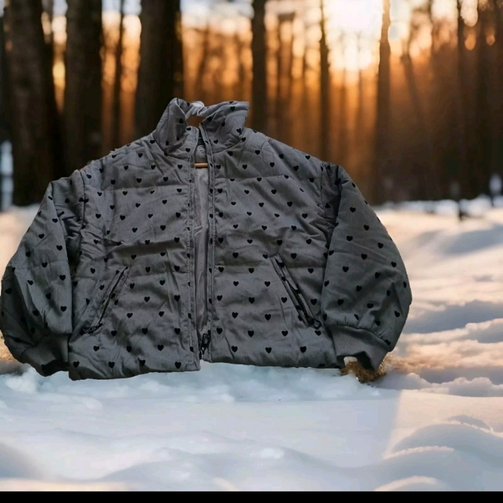 NWT Umgee Gray W Hearts Velour Puffer Coat Jacket Mock Neck Size Small